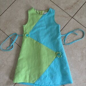 Florence Eiseman Girls’ Linen & Cotton Sleeveless Dress Aqua\Lime Green Zip/Tie